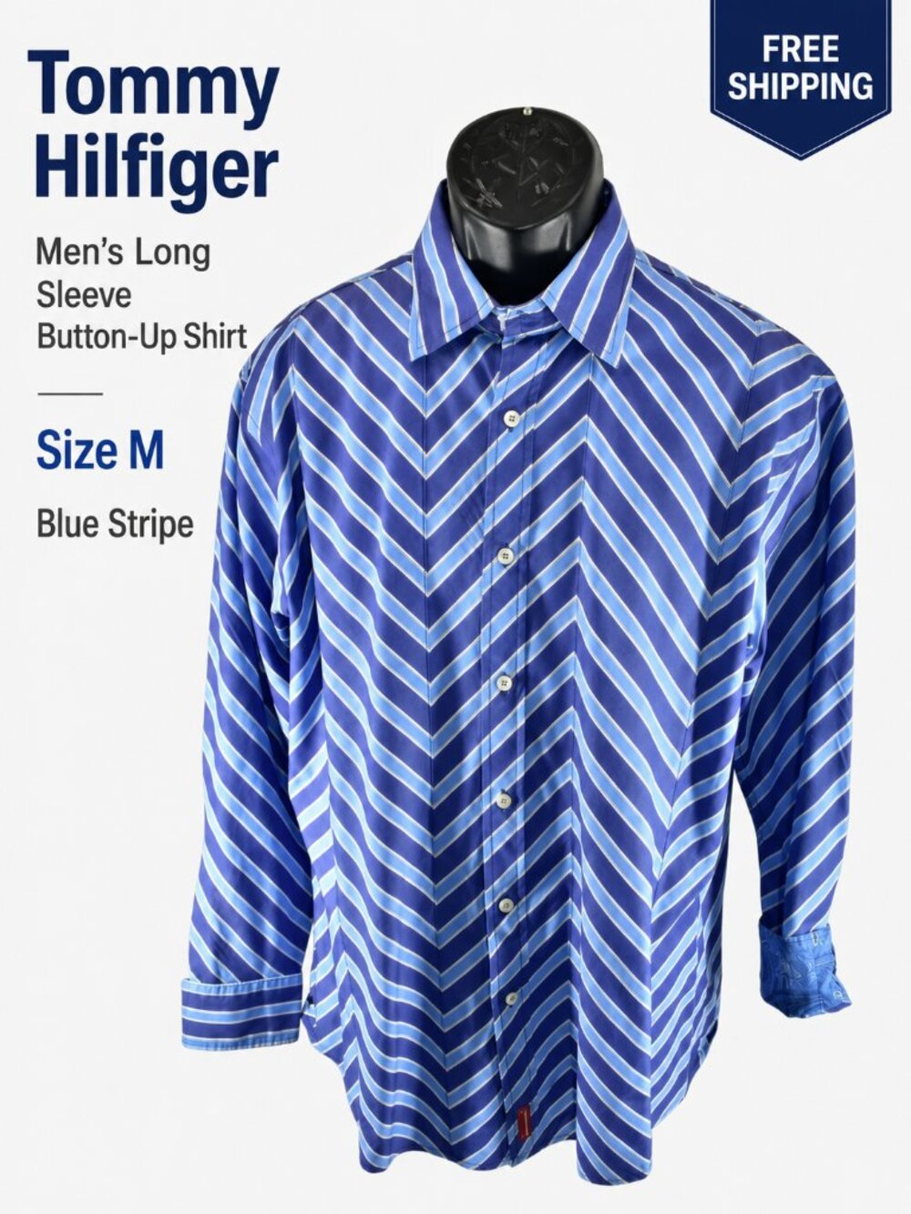 Tommy Hilfiger Red Label Men's M Blue Chevron Stripe Cotton Button Up Shirt